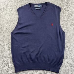 Polo Ralph Lauren Sweater Vest Mens Large Blue Pima Cotton Knit V Neck Logo